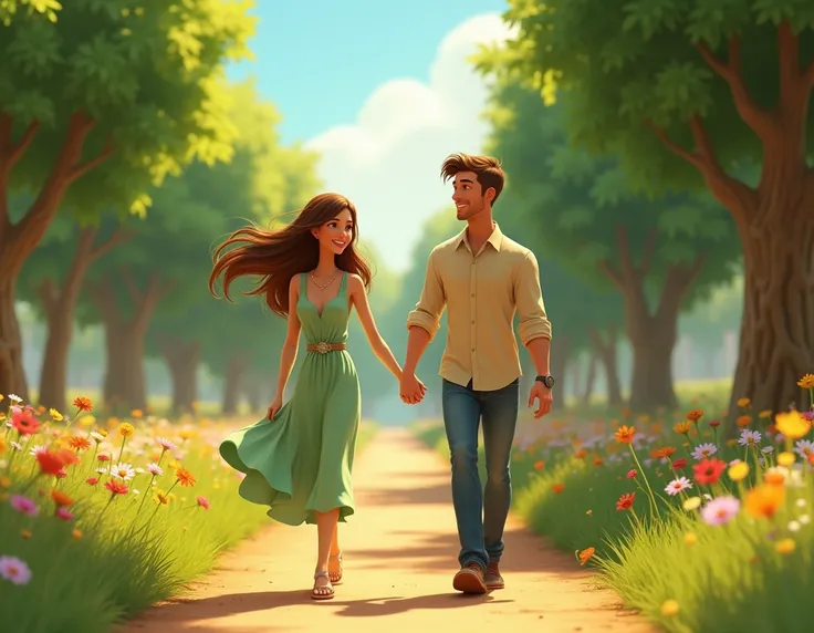 High-definition image, Disney Pixar style. The couple walks on a sunny path surrounded by trees and flowers, representing a new beginning. The woman, about 30, wears a light green summer dress, her brown hair down, and a calm smile. The 32-year-old man wea...