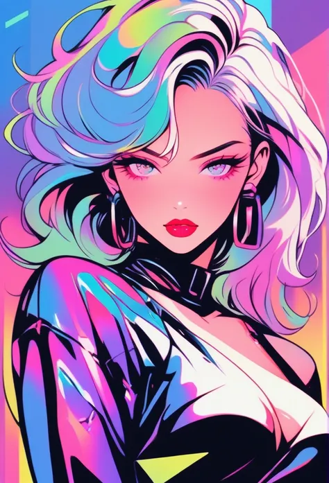 ((illustrator)),pastel Holographic, cyberpunk theme, stylish, sketch, 1woman, lovely, rockstar, shiny lip, jersey wear, order, very modern stylish asymmetry hair,  platinum ((gradient)) neon background, neon hair, textured crop, (masterpiece, best quality)...