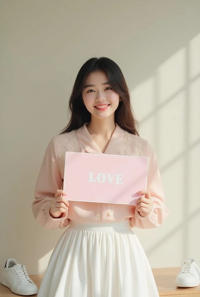 beautiful Korean woman with a sweet smile. She wore a trendy pastel pink blouse with lace details and a white pleated skirt, white sneakers, typical of todays Japanese fashion. This outfit is with soft lighting to highlight her cheerful and fashionable app...