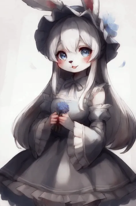 best quality, amazing quality, very aesthetic, absurdres, 1girl, (furry, kemono:1.3), rabbit, rabbit girl, rabbit ears, flower, solo, holding, blue flower, smile, dress, long hair, white background, looking at viewer, blue eyes, blue dress, holding flower,...