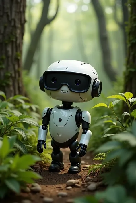 happy robot with black glasses in a forest