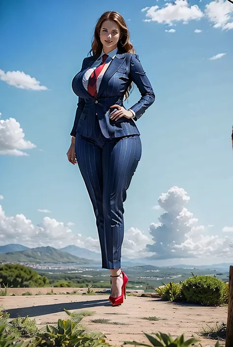 A sophisticated and stylish woman in a blue pinstriped trouser suit, white smart shirt, and a large wide red necktie in a windsor knot, with a beautiful, curvaceous figure, massive breasts, and long ginger wavy hair, with a curvaceous figure and massive br...