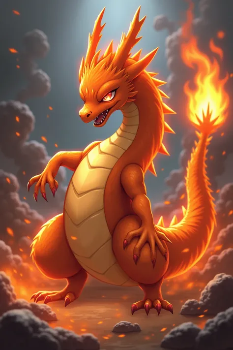  I want a fire-type Pokemon , orange-colored ,  dragon-shaped ,  its tail has fire, red eyes.