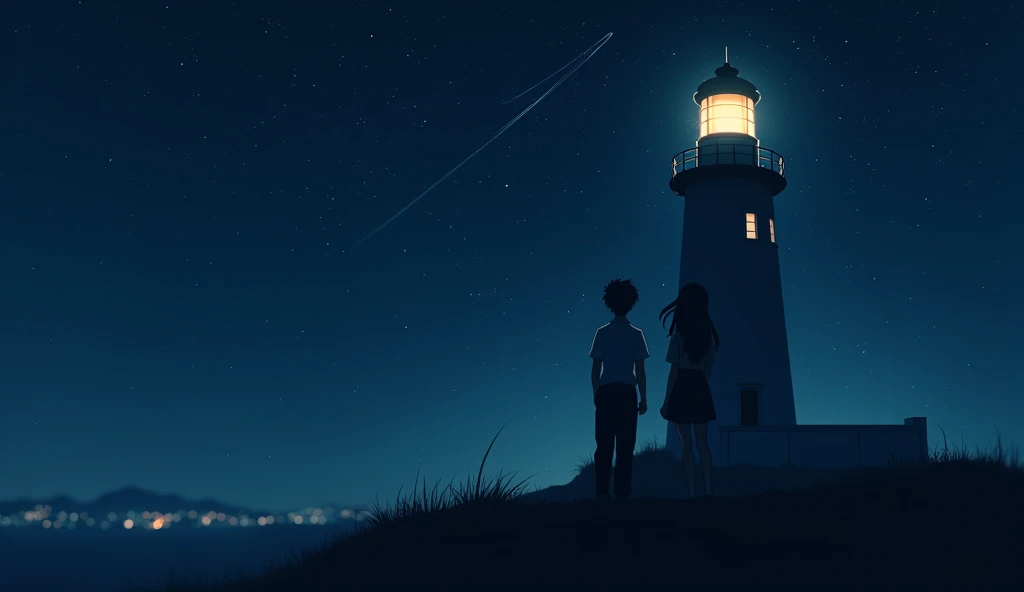 Under the Stars, A boy and a woman are watching the stars on a tall lighthouse。  The picture is full of serenity and contemplation ，Surrounded by stars，  minimal style，With depth of field effect，HD。  The sky is dotted with countless stars , A shooting star...