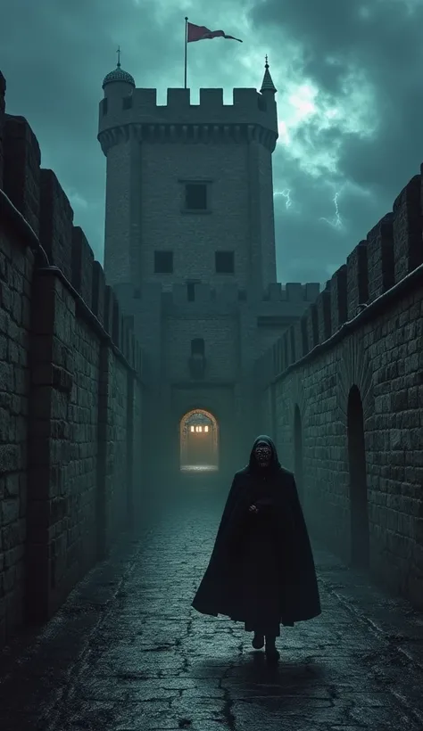 The dark, imposing Bastille fortress on a stormy night. A cloaked figure is seen being led toward the dungeon, his face hidden by an iron mask. Thunder cracks in the distance, adding to the tension of the scene.