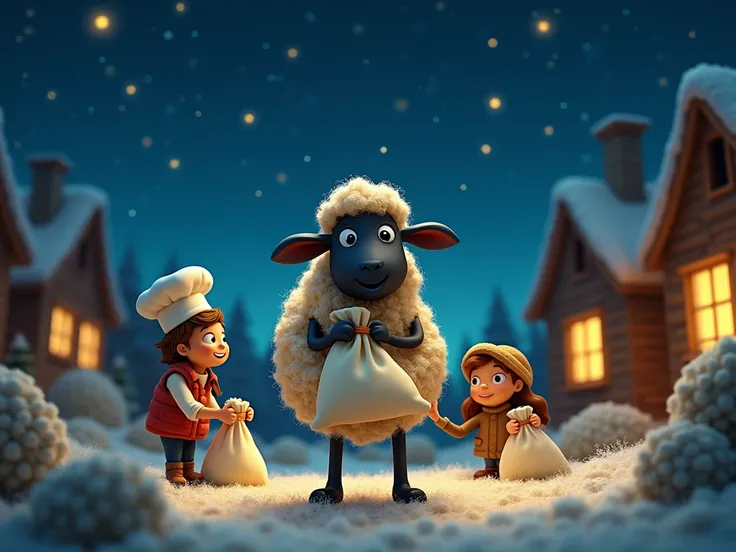 "A cheerful black sheep stands under a starry night sky with three warm, soft bags of wool. In the scene, a teacher, a cook with a chef hat, and a storyteller reading to ren each receive a wool bag with grateful smiles. The scene is cozy and heartwarming, ...