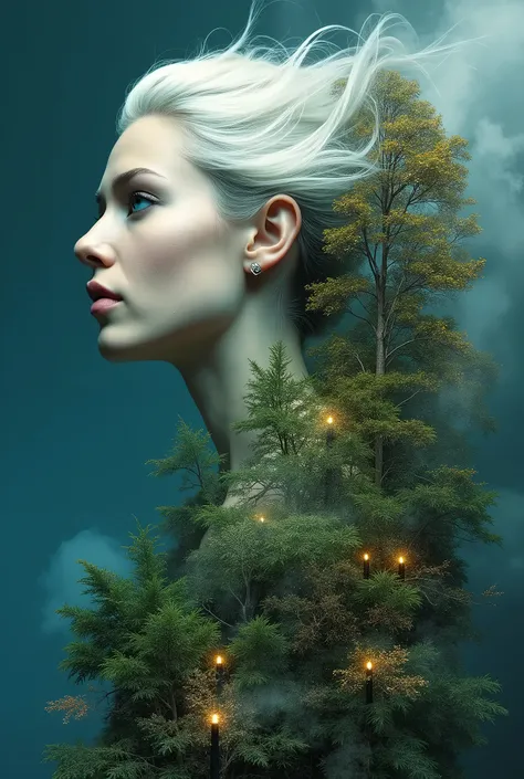  scene Create a fascinating double-exposure photomontage that masterfully unites the intricate worlds of humans and forest and fog and birds and insects.  in this artwork ,  take inspiration from the distinctive styles of Dan Mountford ,  ensuring that the...