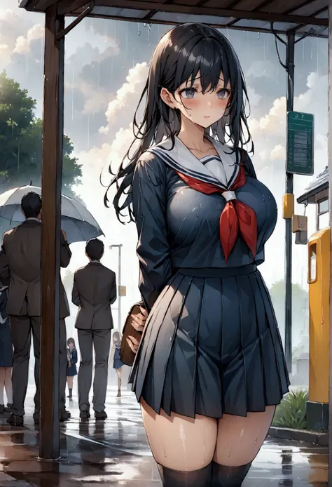 Ultra High Definition Picture Quality 、 beautiful girl、High school girl、 sailor suit、navy bull pleated skirt、Black Hair、heavy rain、bus stop、Rain Clouds、 looking up at the sky 、downpour、Sheltering from the Rain、soaked、 wet hair、 troubled face、Best Quality, ...