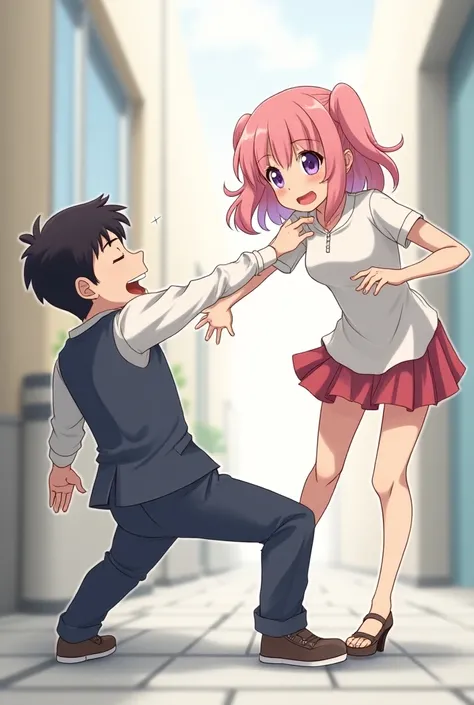 A man fell down after smelling the feet of a cute pink-haired anime girl in white pantyhose