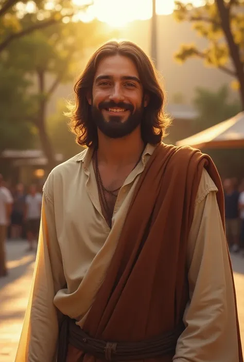 "Create a realistic image of Jesus , looking directly into the camera and smiling,  as if you were in a casual encounter . He wears traditional robes ,  but with a contemporary environment surrounding ,  such as a quiet square or a park bench ,  symbolizin...