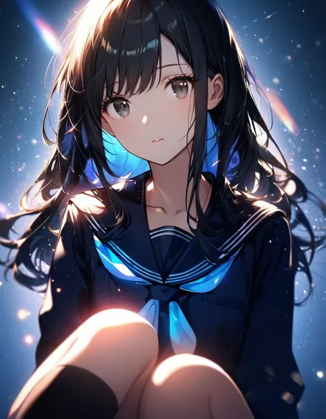 1 girl, 18 years old. Knee Shot. Sit. long hair, Black hair, Hair with volume, Each strand of hair is fine. Black eyes, Long thin lashes, Eyes with highlights, Catchlight.  long-sleeved sailor uniform. thighs, Black high socks. clavicle. Blue Sky gradient ...