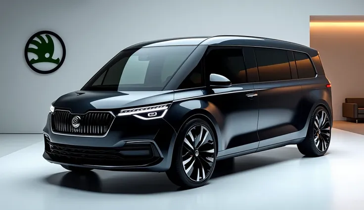 Generate a high-resolution, fully realistic image of a Skoda Motorhome in Black, with a sleek and modern exterior, futuristic wheels, and a shimmering body color, displayed in a luxurious showroom with a large logo of Skoda on the back wall. The image shou...