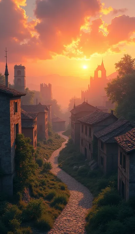 a small village among destroyed ruins, sunrise in the background, atmosphere of peace and hope, beautiful detailed landscape, quaint houses, cobblestone streets, warm lighting, glowing sky, serene, tranquil,(((ariel view))), photograph, (best quality,4k,8k...