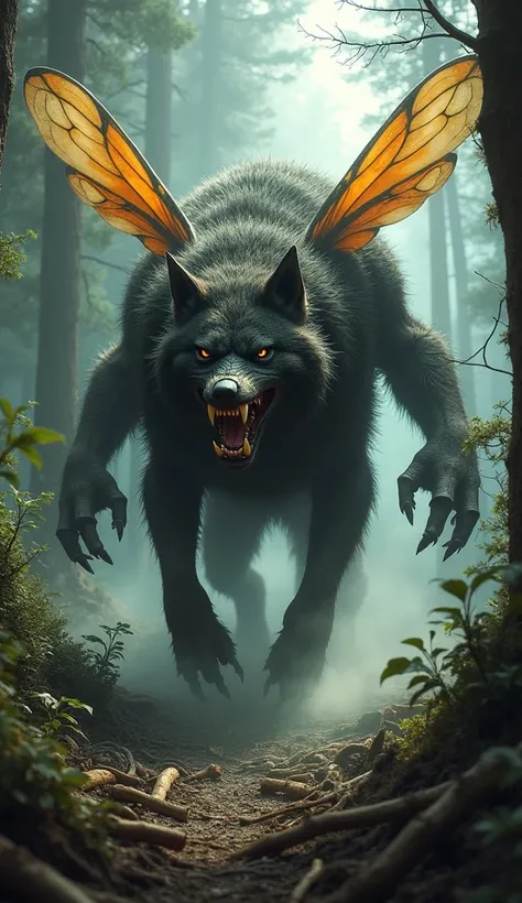  a monstrous furious wolf fused with a wasp in a forest