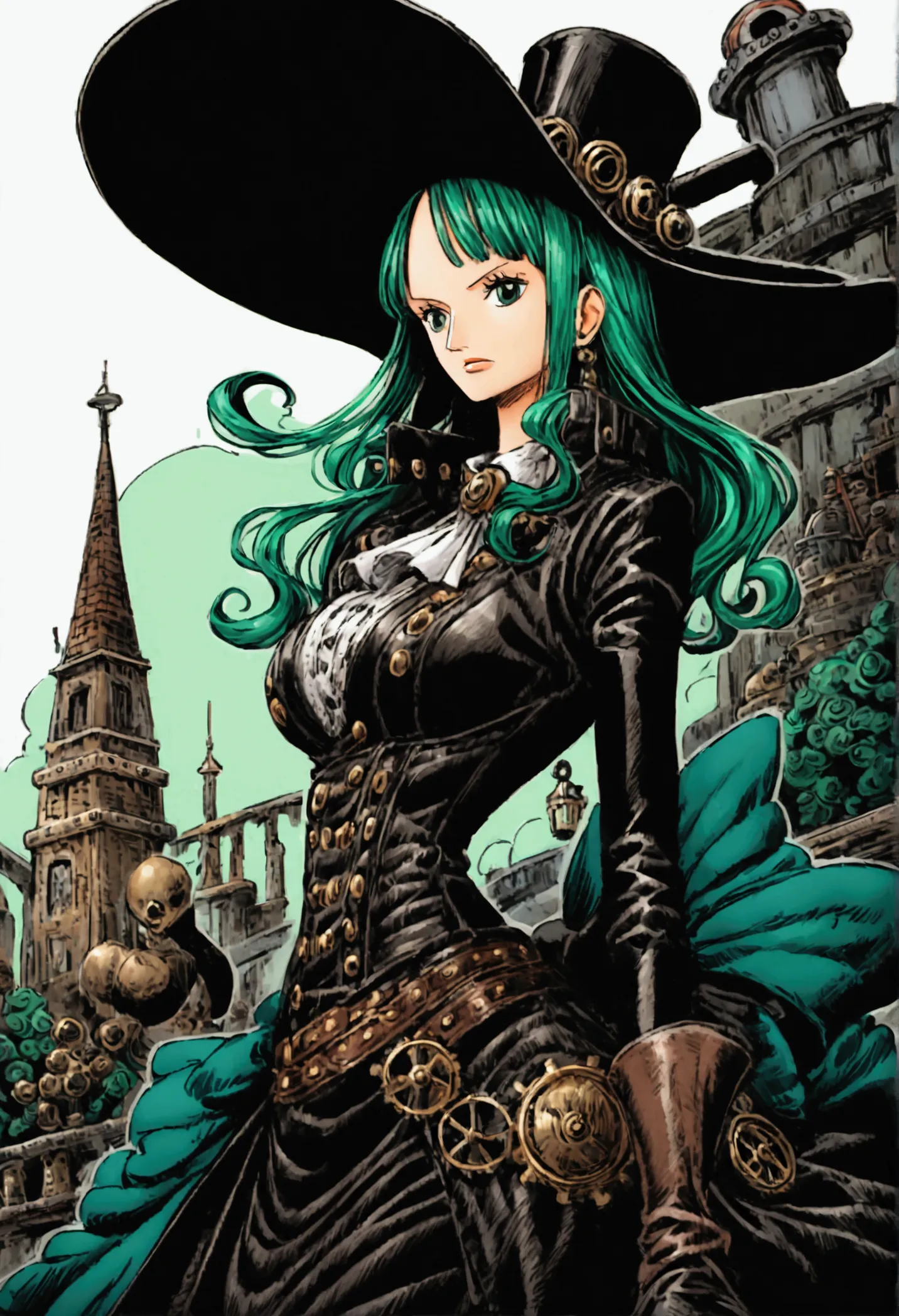 a one piece girl characters, pretty, elegant, steampunk clothes, blue and green colors, big hat