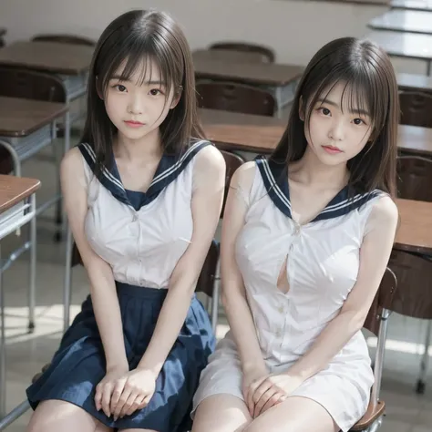  female middle school student、With bangs、 cute face、The eyes are double、 large eyes、Eyes are drooping、Drooping eye corners、 long lashes、Coarse eyelashes、Junior high school classroom、Sitting naked on a chair、 chest visible、Beautiful breasts、Big Breasts、Bust...