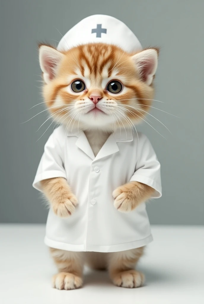 Scottish Fold kitten is dressed as a nurse　A 　Standing on two legs　Empty-handed　 standing facing the front 