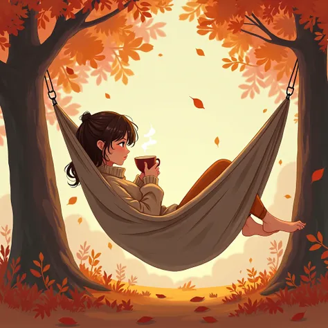 Woman drinking cocoa 、hammock、Autumn forest、autumn leaves、 fallen leaves、 anime illustration