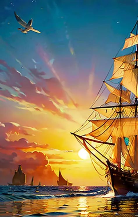 in the background, there is only one pirate ship, a pirate ship that sails leisurely across the ocean with the big sun setting i...