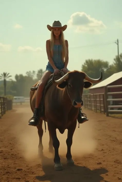  remote fullbody image of a haired woman  , very long plain blonde ,cowboy hat , short denim dress ,  riding a mechanical bull in the middle of a farm, cinematic