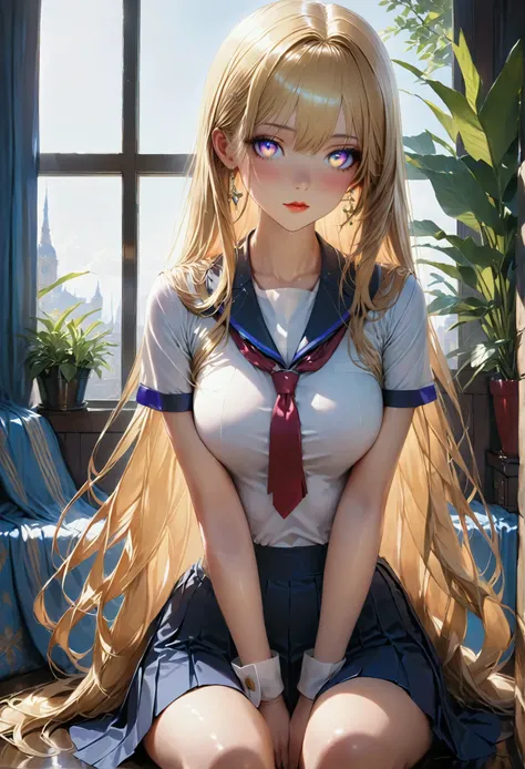 1girl,Long smooth straight golden hair, iridescent eyes,athletic hourglass figure,sitting in jk uniform .masterpiece, super detail,detailed eyes, best quality, 8k,realistic