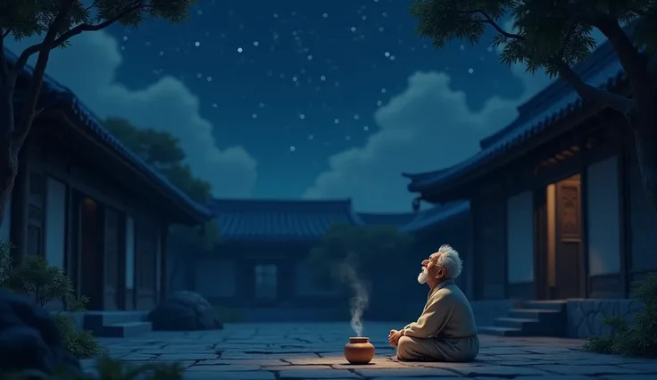 3d animation style. A quiet scene in the middle of the night ： An old man sitting alone in the courtyard at night， Looking up at the sky ， The night is deep and quiet ，The starlight flickers slightly 。 with a pot of tea beside him ， The aroma of tea drifts...