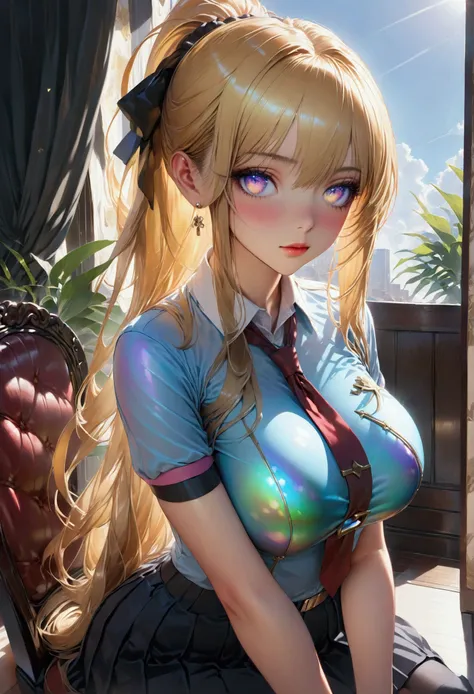 1girl,Long smooth ponytail golden hair, iridescent eyes,athletic hourglass figure,sitting in jk uniform .masterpiece, super detail,detailed eyes, best quality, 8k,realistic