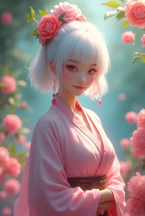  martial arts costume ,  womens only ,  ren,  corolla headdress ,  white short hair, pink eyes,  round eyes ,  bright smile in the shower , flower garden background 