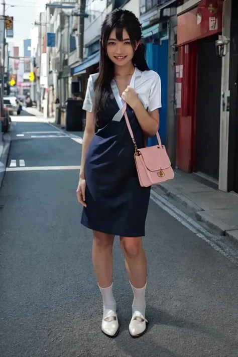 1japanese girl, short sleeve dress, socks, flats, long hair, bang, black hair, shoulder bag, smile, standing, in street of harajuku, BREAK, (full body shot:1.45), BREAK, (masterpiece, best quality:1.4), (8k, raw photo, photorealistic:1.2), ultra high res, ...