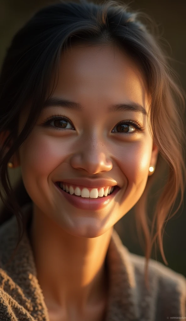 cinematic, " close up of her face ,  showing a smile of peace and genuine joy .  His expression reflects security and inner strength, as someone who has overcome difficulties ."
