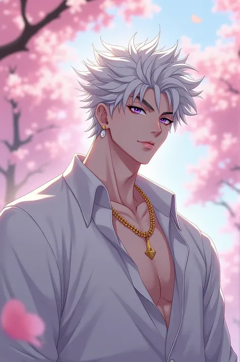 anime character, White hair, spiky hair, Pale skin, purple eyes, Long white eyelashes, male, muscular, white small earrings, big glossy lips, cherry blossom trees, grey eyebrows, white puffy sweater, golden necklace 