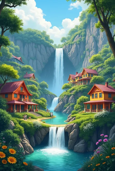 Landscape with waterfalls  and big colourful 
houses with peoples And fallowers Green and yellow and white colours including all images 
