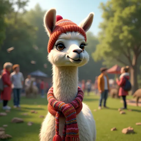 llama at the zoo wearing a hat with a scarf