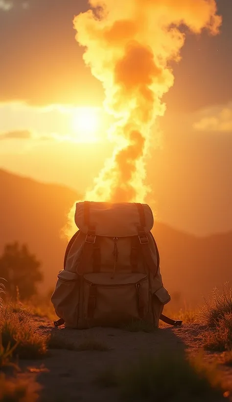 cinematic, "the backpack, now open ,  with bright plumes floating to the sky ,  as if they were releasing positive thoughts and energies into the world.  The scene is radiant ,  with a golden sun in the background ."