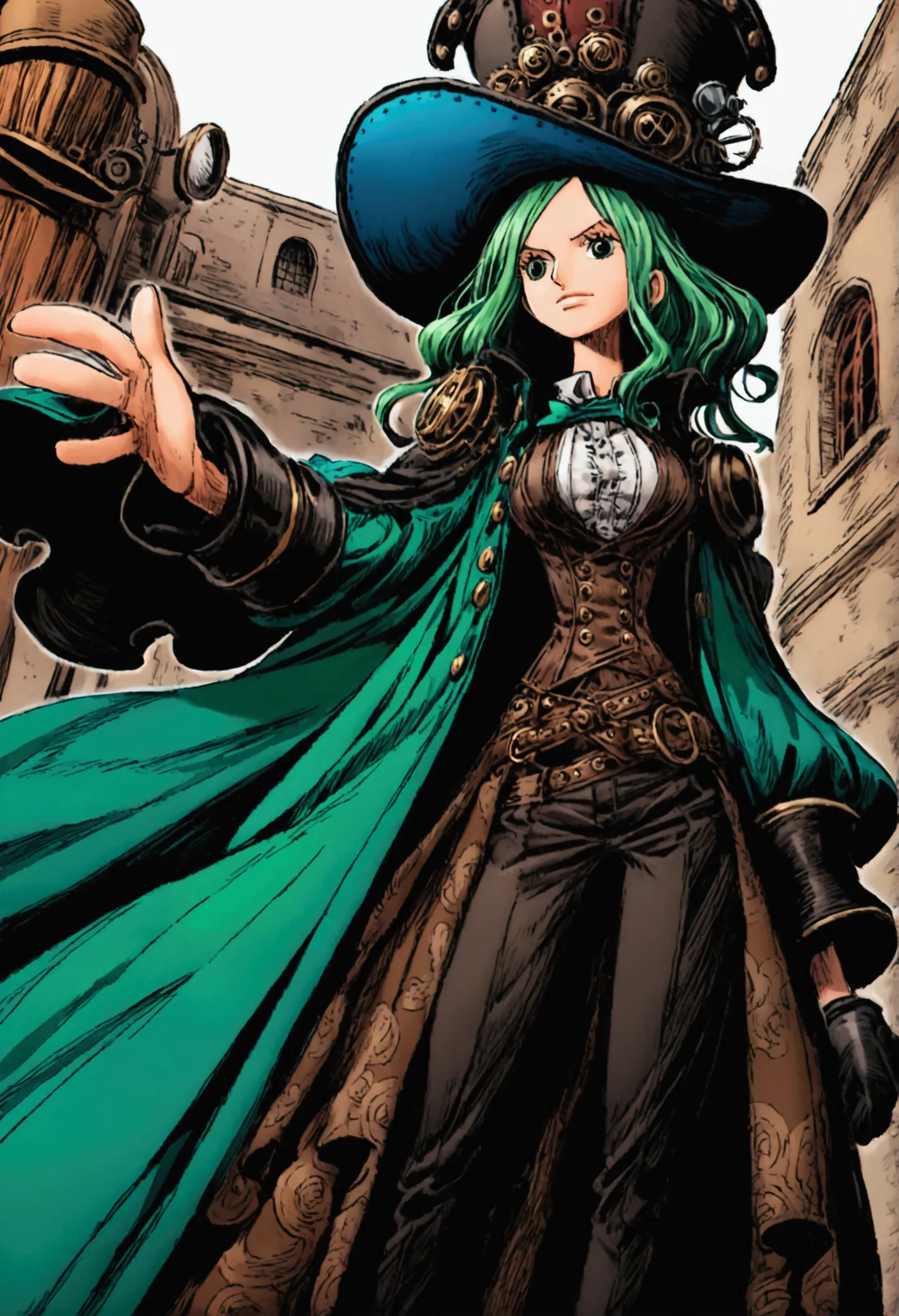 a one piece girl characters, pretty, elegant, steampunk clothes, blue and green colors, big hat