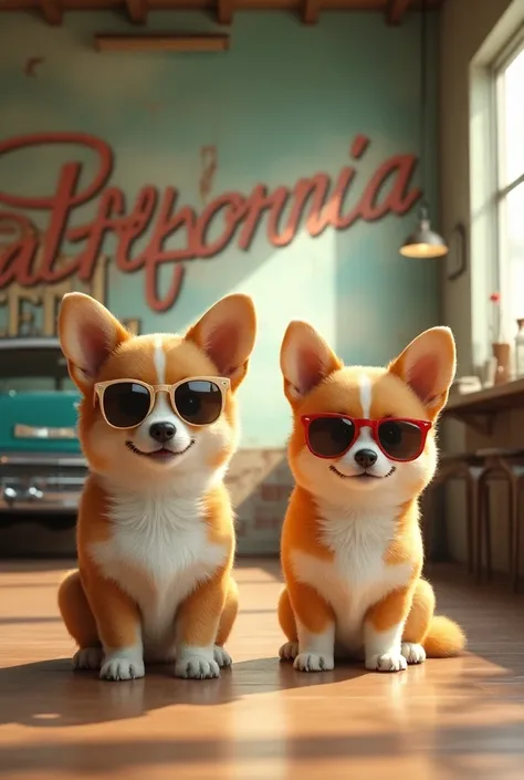 California sunset 、big old hotel 、The interior of Hotel California is a cute pair of corgi dogs in sunglasses that guide you through the room 、 old concrete wall with a slightly dirty big smiling Corgi dog paint and Chevrolet Impala 64 、 masterpiece, Best ...