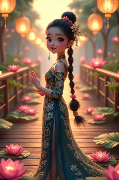  3d sticker image ,Full view, Korean girl, a Malaysian girl with sharp, round eyes, bright sparkles, twinkling braids ,, wearing a Thai dress, dark blue and white gold, with exquisite white sequins. Gold, standing on the wooden bridge of the pier ,smileสดใ...