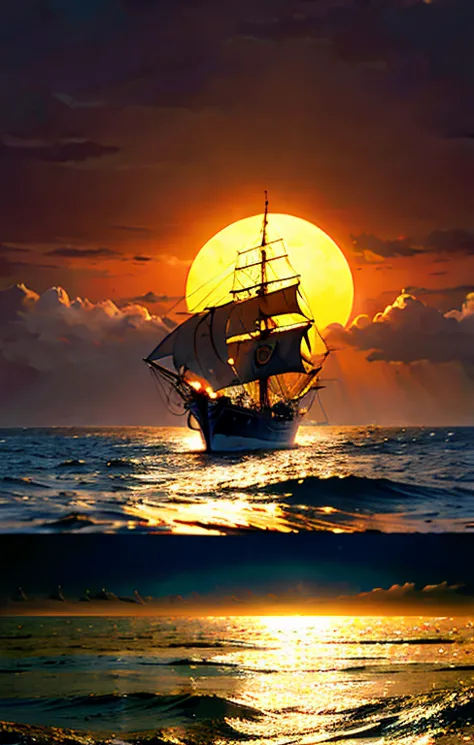 there is only one pirate ship in the sea、the big sun setting over the sea is in the background 、 only one pirate ship sailing pe...