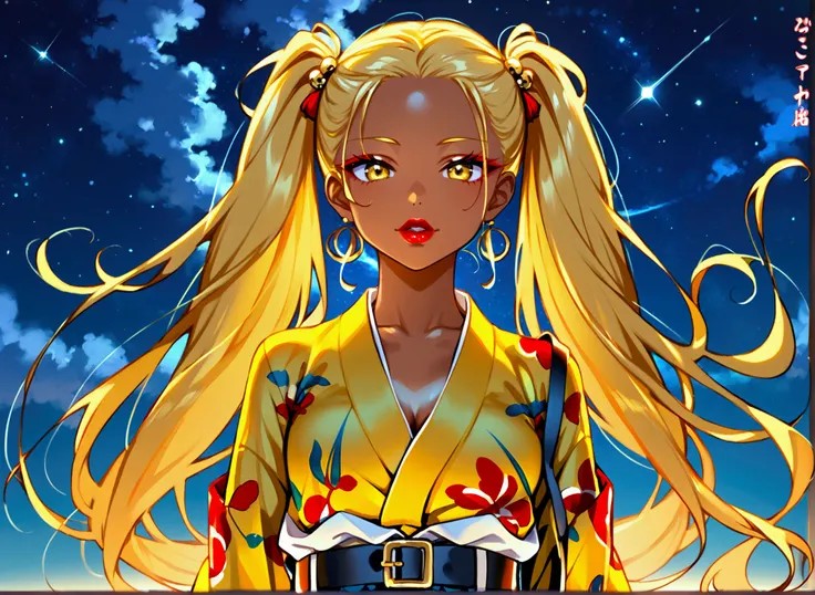  ,  tanned skin ,  with bright yellow long hair gathered in two big tails, red lips,  Slim figure , Very  ,  wearing an unbuttoned yellow kimono, and a black untied wide belt ,  on her legs. ,  stands against the starry sky , sexy