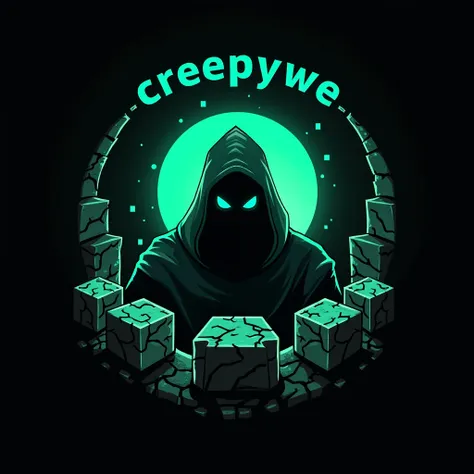 Create a flat vector, illustrative-style emblem logo design for a gaming brand named Creepywe, combining elements of sculk blocks and the Wardens silhouette within a circular border. The name Creepywe arches at the top, while the bottom features digital pi...