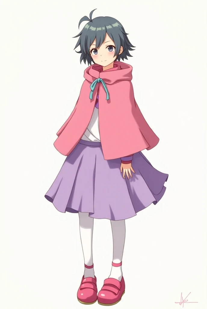 Atsushi Nakajima wearing pink shoes, white leggings, a purple skirt and a pink poncho.