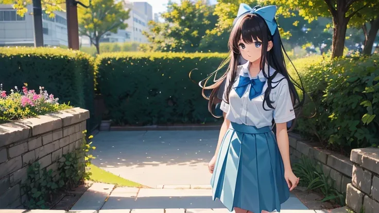  girl, student, , Wear a uniform,  light blue skirt,  long skirt , Small Bow, Small Bow, garden, nature, nature garden, Anime, Anime movie