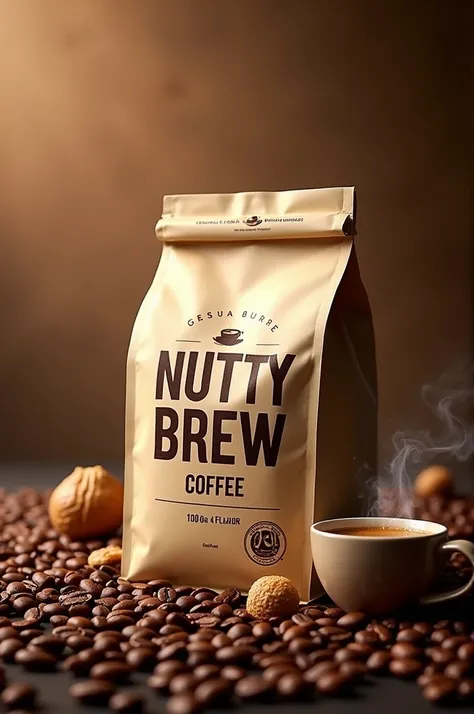 "Design a captivating poster for Nutty Brew Coffee, showcasing its unique, nutty flavor profile. Display a 150-gram coffee bag with bold, appealing fonts for the product name, and emphasize the price: Only 75 Pesos! Include an eye-catching price tag or ban...