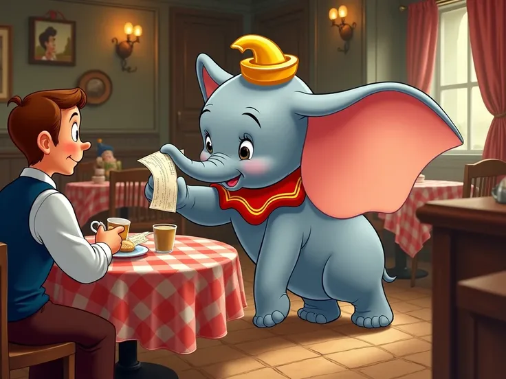 
Dumbo animated character paying the bill for a restaurant