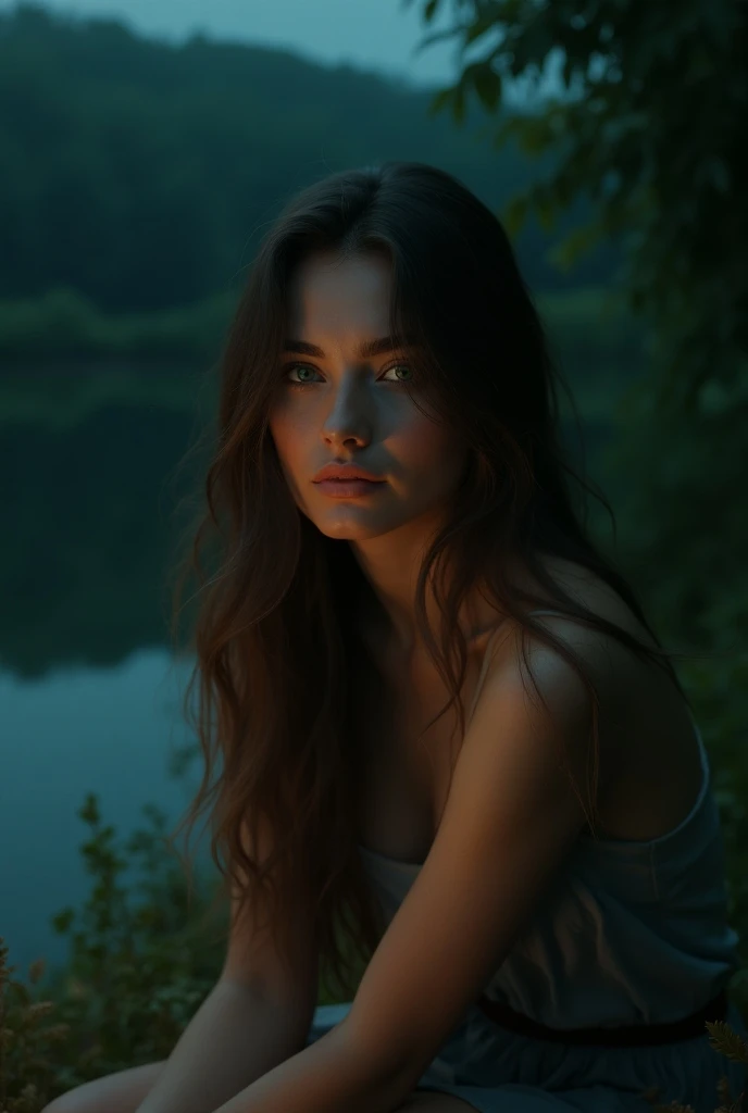 (photorealism:1.2), women, sitting near the lake, at nigh, in forest,  green eyes, brunette hair, plump lips, straight nose, nice eyebrows,   