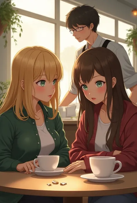 Realistic illustration of two teenage girls in a cafe ,  next to the table there is a broken coffee cup on the floor and the waiter is picking up the pieces while looking at one of the girls for her beauty,  one of them has blonde hair, bright lips and eye...