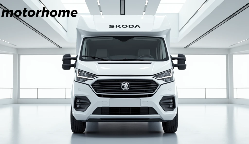 a white Skoda Motorhome. The motorhome is shown from the front, with the Skoda logo prominently displayed on the front grille. The motorhome has a sleek and modern design, with sharp lines and curves. The background is a white room with a high ceiling and ...