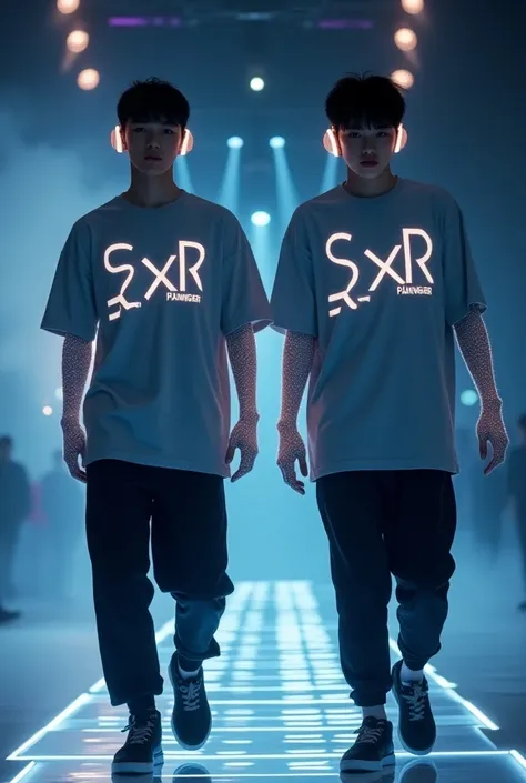  virtual reality image. Two handsome young K-pop idols , short hair skinhead, , Wear a glowing SXR design grey t-shirt, Walking on the runway of a fashion show .  The SXR brand cyberpunk dress has an unusual and modern design ,   featured sleeves  ./ The g...