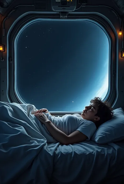 a person having hard time sleeping in his bed in space