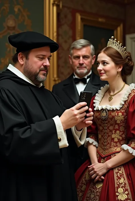 (( best quality )), Martin Luther taking a selfie with Princess Elizabeth and her husband, showing their faces for photo , with slightly less realistic traits 